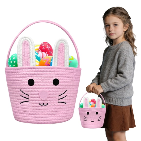 Dreamyjuly Woven Easter Basket for Toddler with Handle, Empty Bunny Egg Basket for Girls Boys, Spring Holiday Gift Basket for Candy and Toys, A