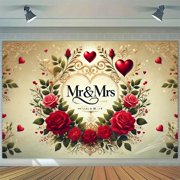 Elegant Floral Mr & Mrs Wedding Backdrop Red Roses Hearts Bride and Groom Engaged Ceremony Photography Background Romantic Bridal Shower Anniversary Party Decorations Banner Photo Booth Props