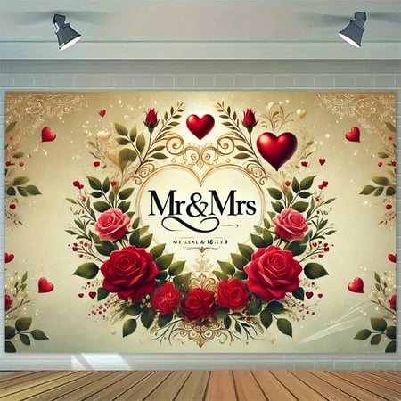 Elegant Floral Mr & Mrs Wedding Backdrop Red Roses Hearts Bride and Groom Engaged Ceremony Photography Background Romantic Bridal Shower Anniversary Party Decorations Banner Photo Booth Props