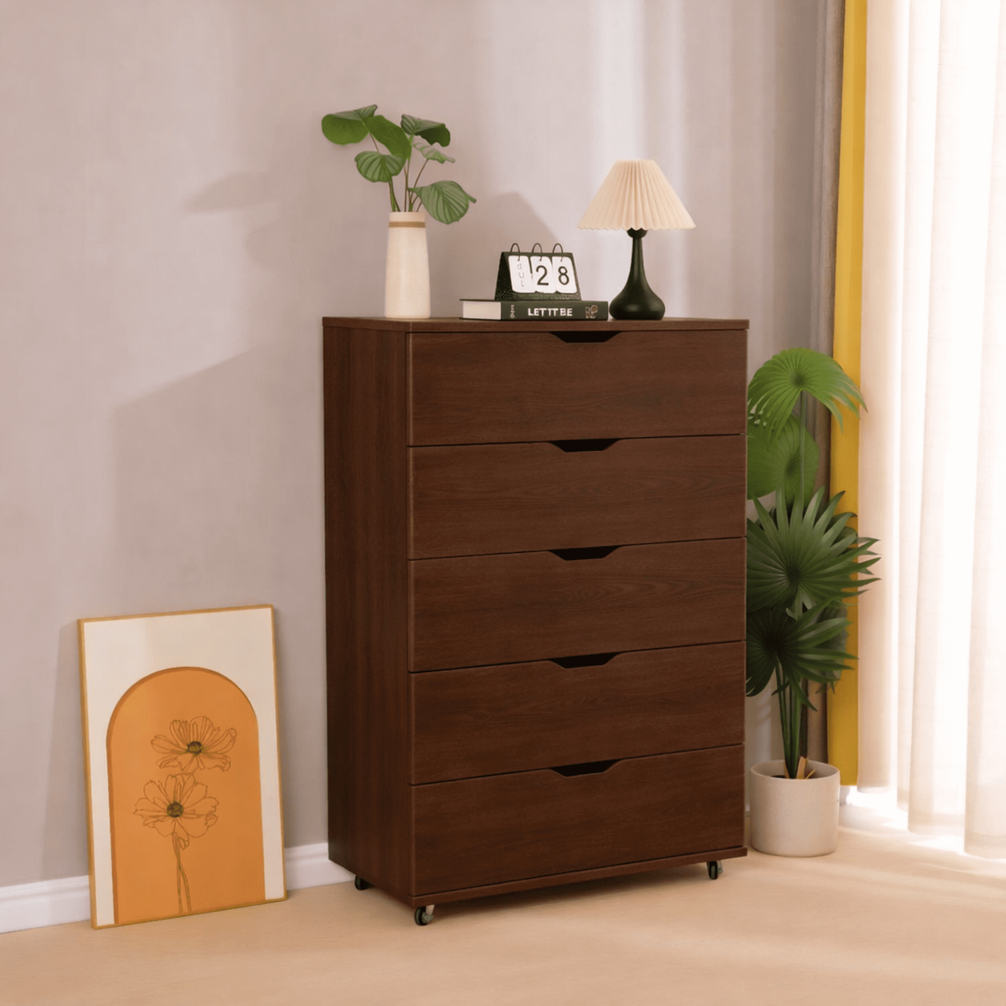 5 Drawer Dresser for Bedroom,Modern Wood Storage Cabinet with Wheels,Tall Chest of Drawers for Living Room,Hallway,Entryway,Dark Brown