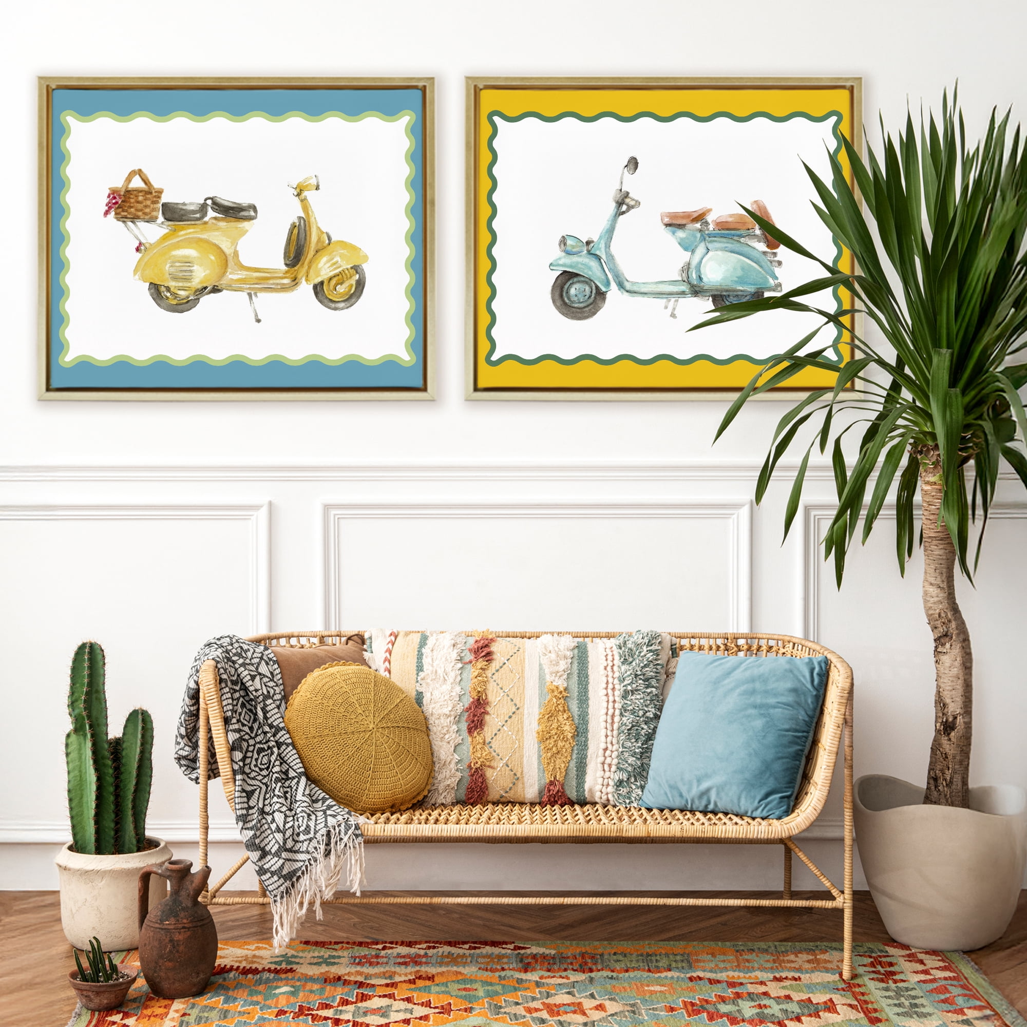 Stupell Industries Wavy Bordered Scooters 2 Piece Gold Framed Floater Canvas Set, design by Lanie Loreth