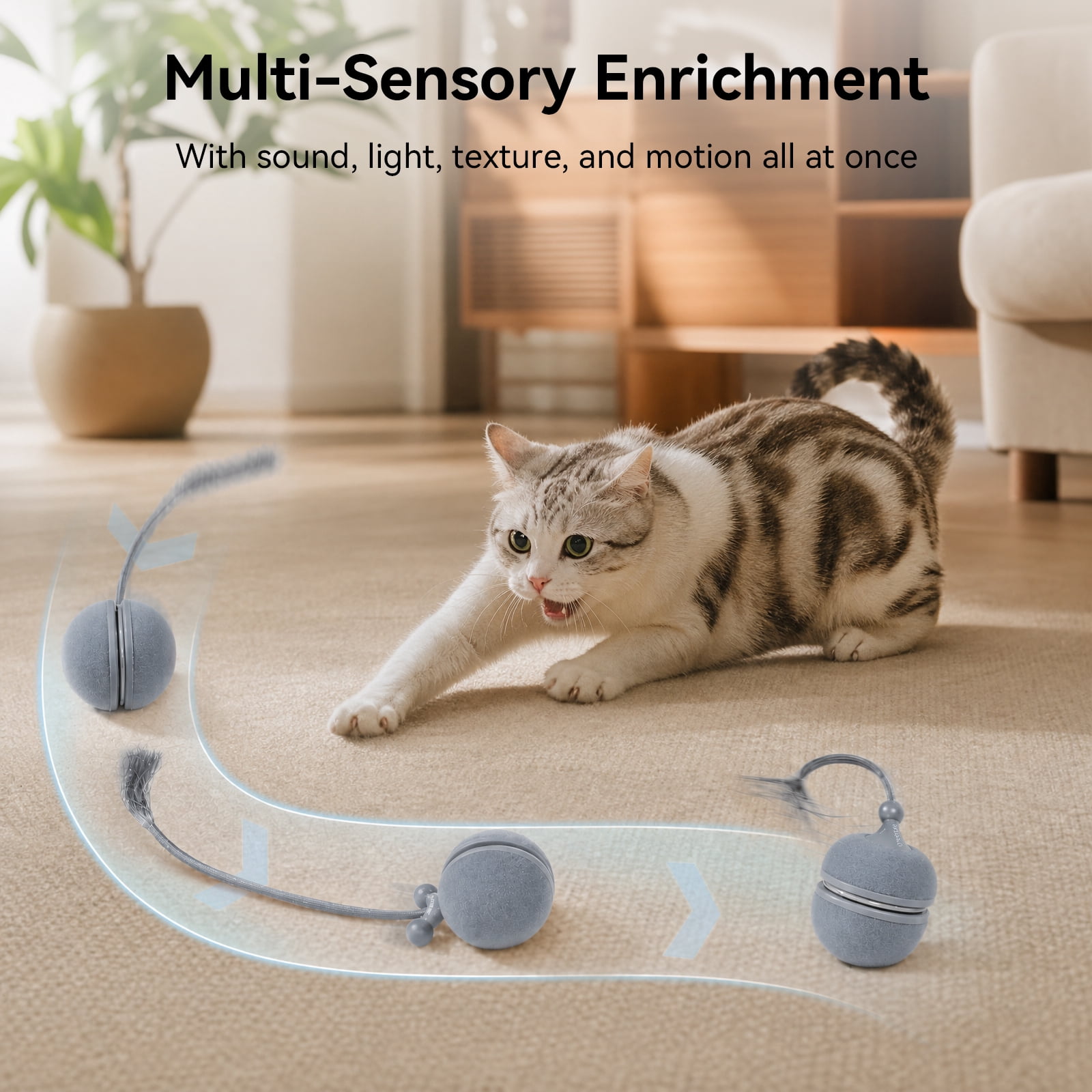 Cheerble Wicked Ball Duo2 Automatic Interactive Cat Toy with Tail & LED Light, Baby Blue