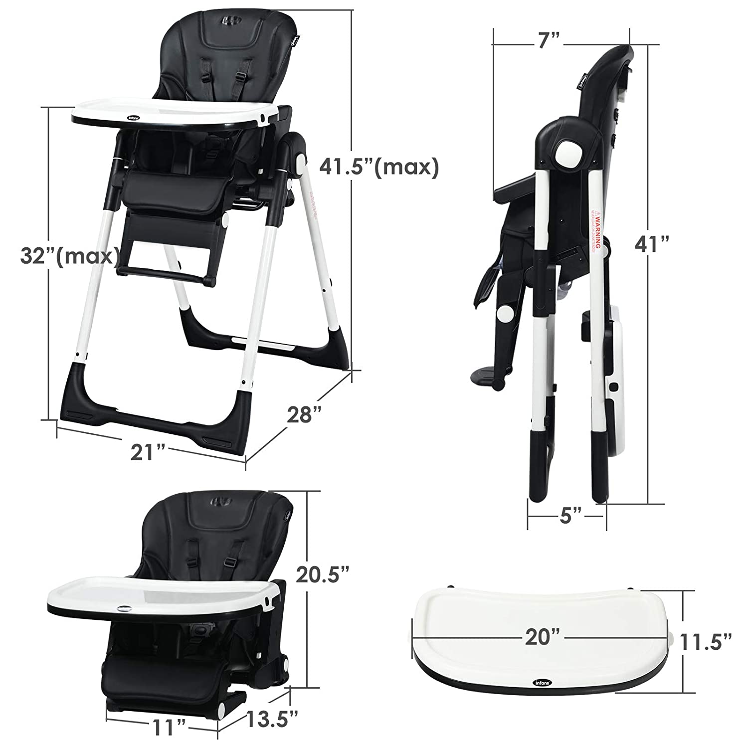 INFANS 4 in 1 High Chair–Booster Seat, Convertible Highchair w/Adjustable Height, Removable Tray, Detachable Cushion, Installation-Free, Simple Fold for Baby, Infant & Toddler, Black