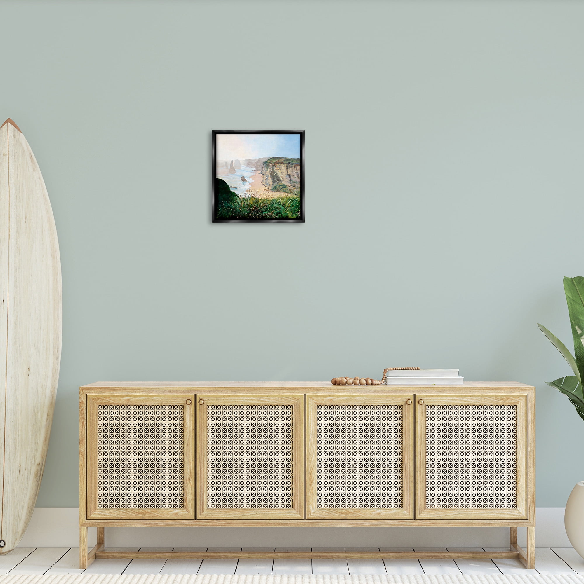 Stupell Industries Nautical Beach Cove Landscape Painting Black Floater Framed Canvas Art Print Wall Art, 18 x 18