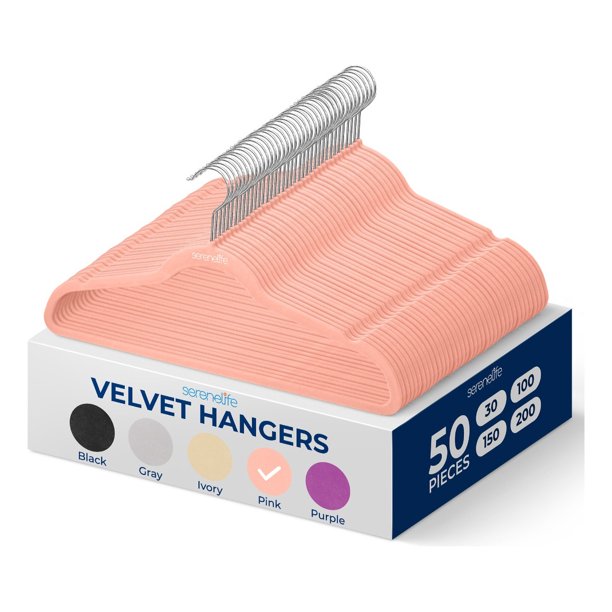 Ganchos de Terciopelo Premium Serenelife, Ahorradores de Espacio, Resistentes, con Gancho Metálico Giratorio de 360°, para Trajes, Pantalones y Vestidos, Rosa, Pack 50