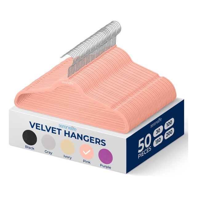 Ganchos de Terciopelo Premium Serenelife, Ahorradores de Espacio, Resistentes, con Gancho Metálico Giratorio de 360°, para Trajes, Pantalones y Vestidos, Rosa, Pack 50