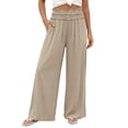 thumbnail image 3 of ClodeEU Women's High Waisted Smocked Waist Wide Leg Pants,Casual Flowy Summer Trousers with Pockets Beige,Women's Plus L, 3 of 9