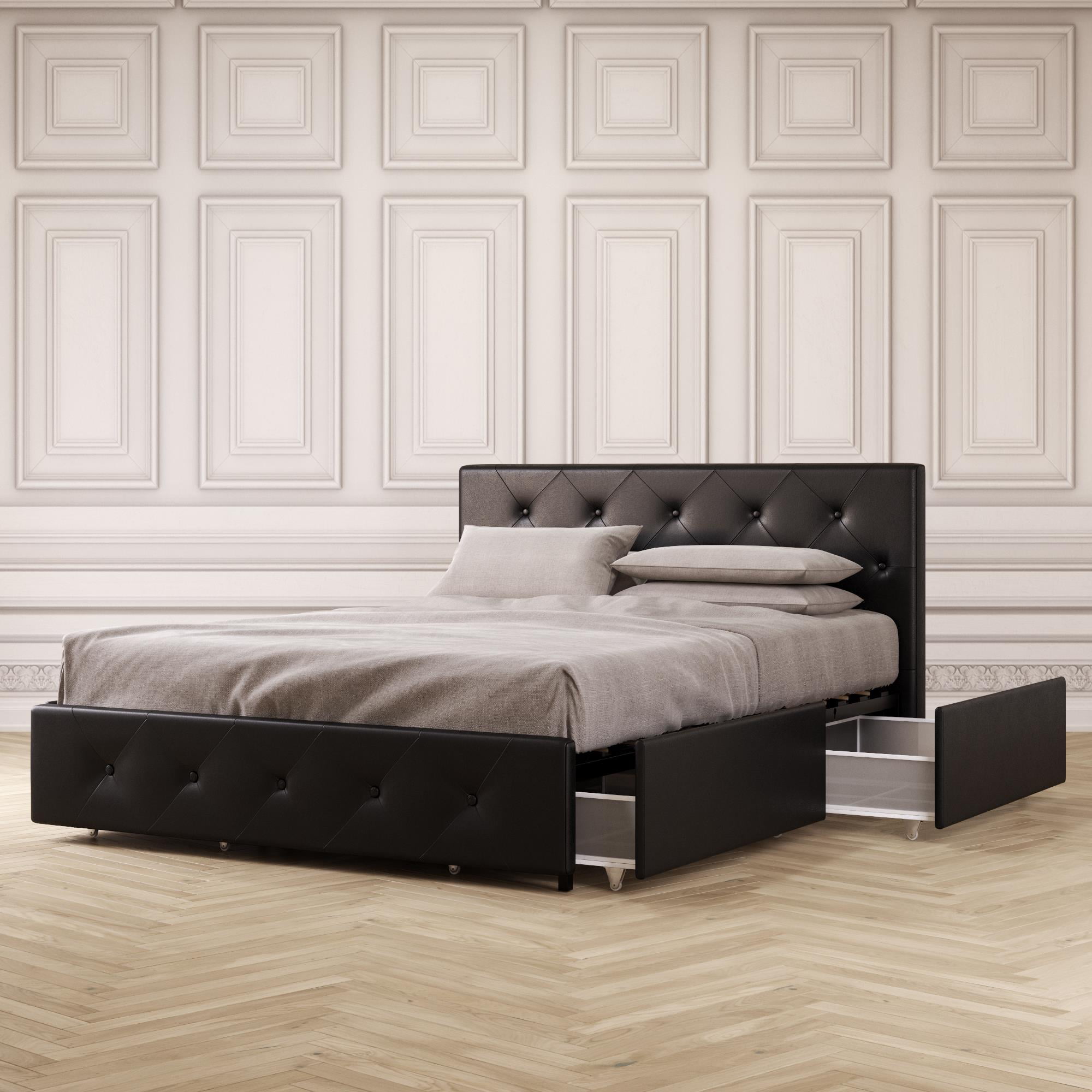 DHP Dean Upholstered Bed with Storage, Black Faux Leather, Queen 