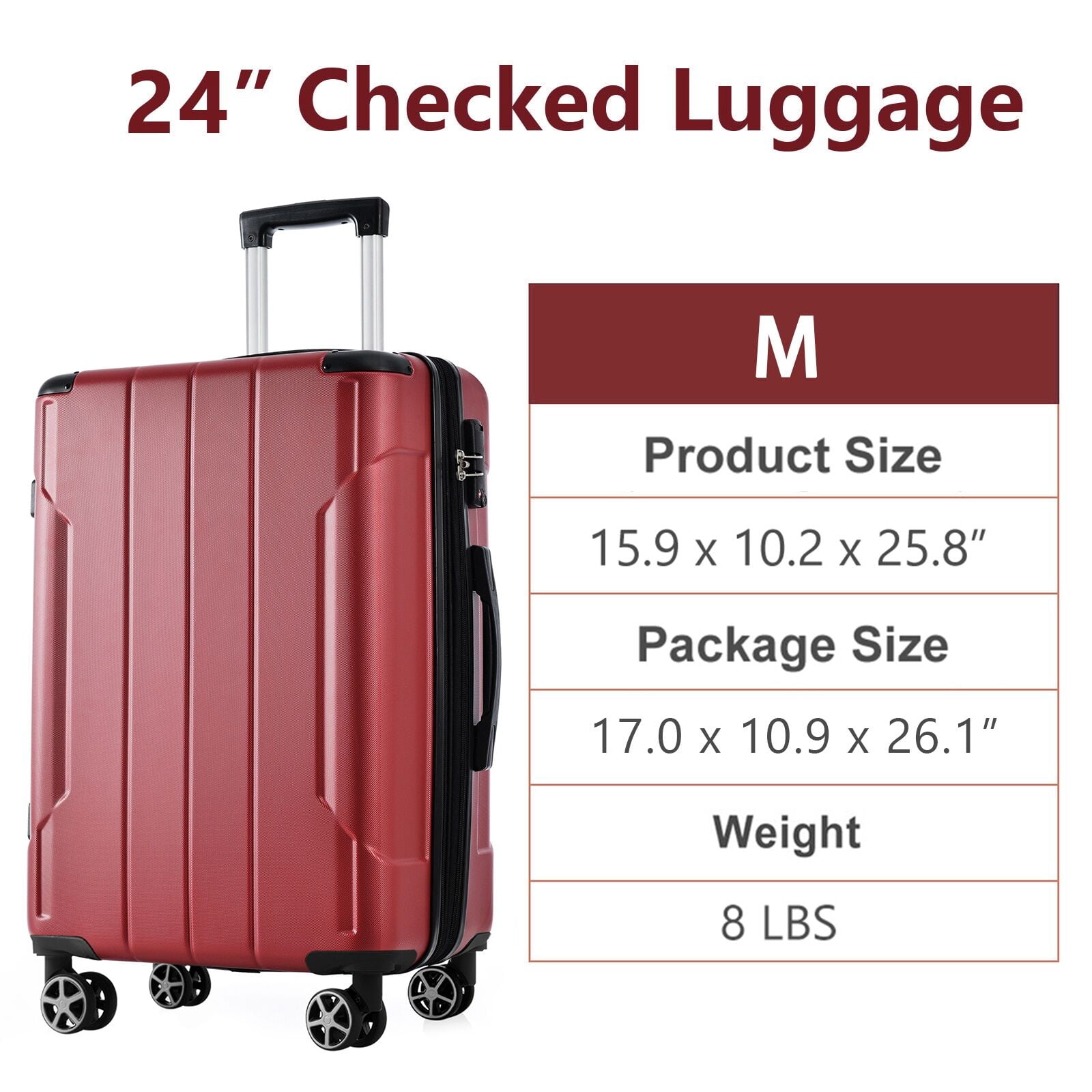 Hardside Luggage Hardshell Luggage, Lightweight Durable ABS Suitcases with Double Wheels, Expandable 24-inch Checked Luggage 24" (Red),Hardside Suitcase