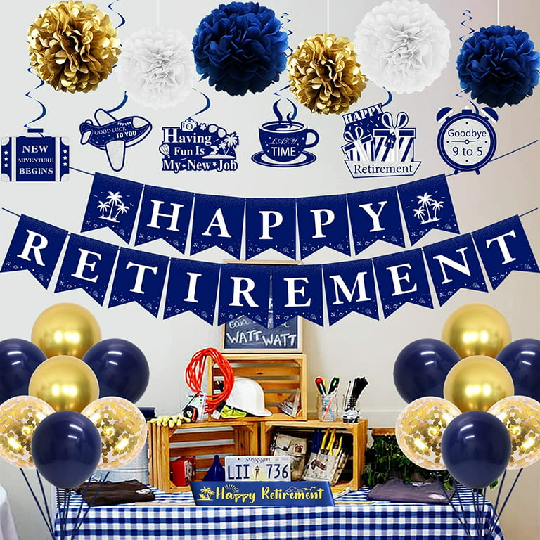 30pcs Retirement Party Decorations Navy Blue Gold for Men Women, Happy Retirement Banner Sash Hanging Swirls Paper Pom Poms and Balloons, Retirement