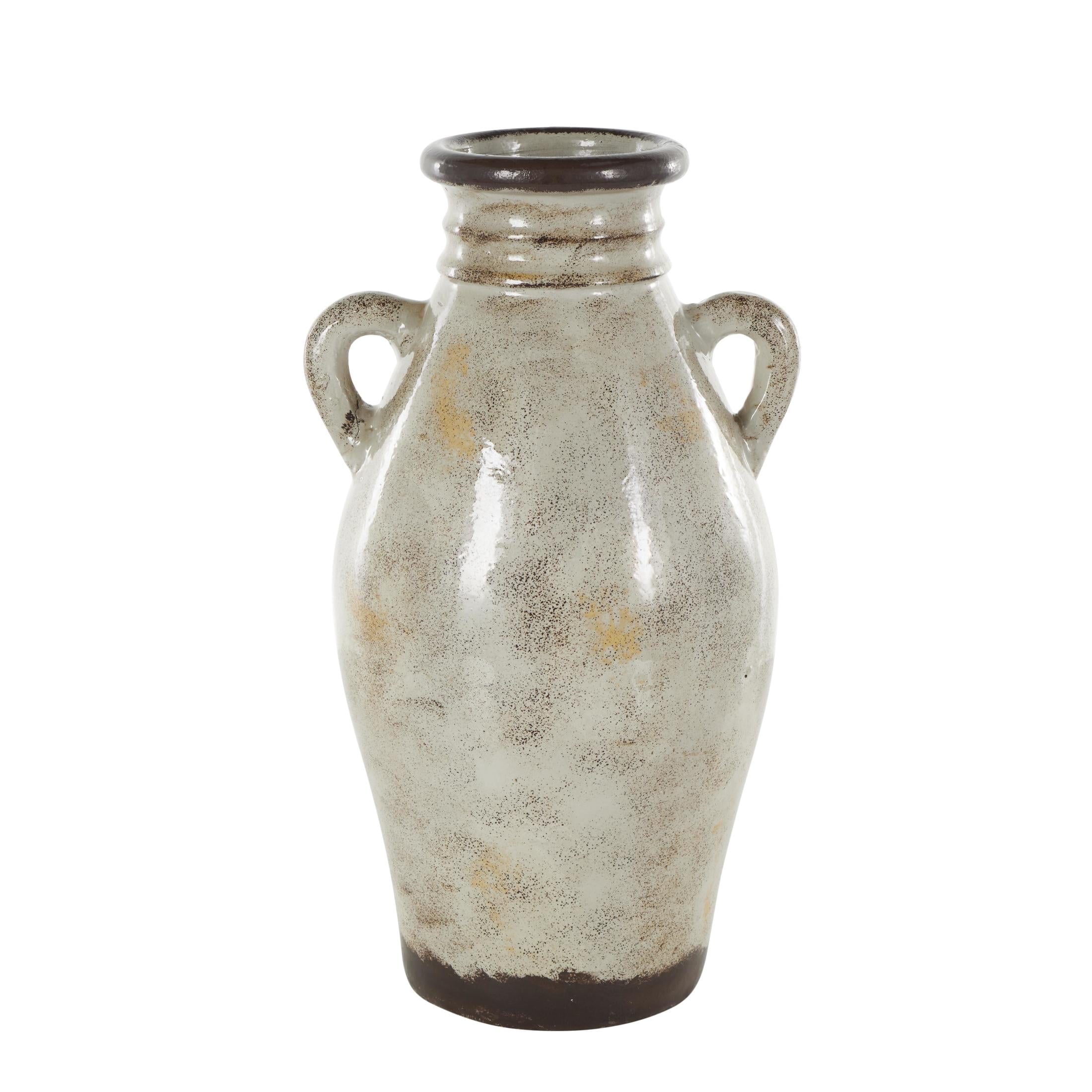 DecMode 18" Antique Amphora Cream Ceramic Vase with Speckled Texturing and Yellow and Brown Accents