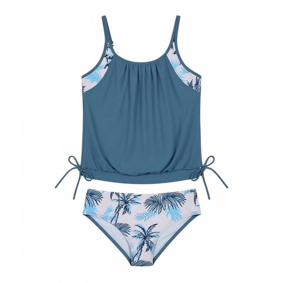 MEZZALL Summer Girls Tankini Swimsuit Double Layer Bathing Floral Tropical Print Swimwear Two Piece Girls Swimsuits Brazilian Beachwear