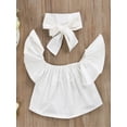 thumbnail image 6 of Gureui 3 Pcs Toddler Girls Jeans Set, Off Sloulder Top Ruffle Blouse + Blue Ripped Long Jeans + White Bowknot Headband Suits, 6 of 7
