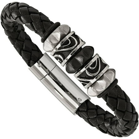 Primal Steel Stainless Steel Brushed/Polished Antiqued Black IP Black Leather Bracelet