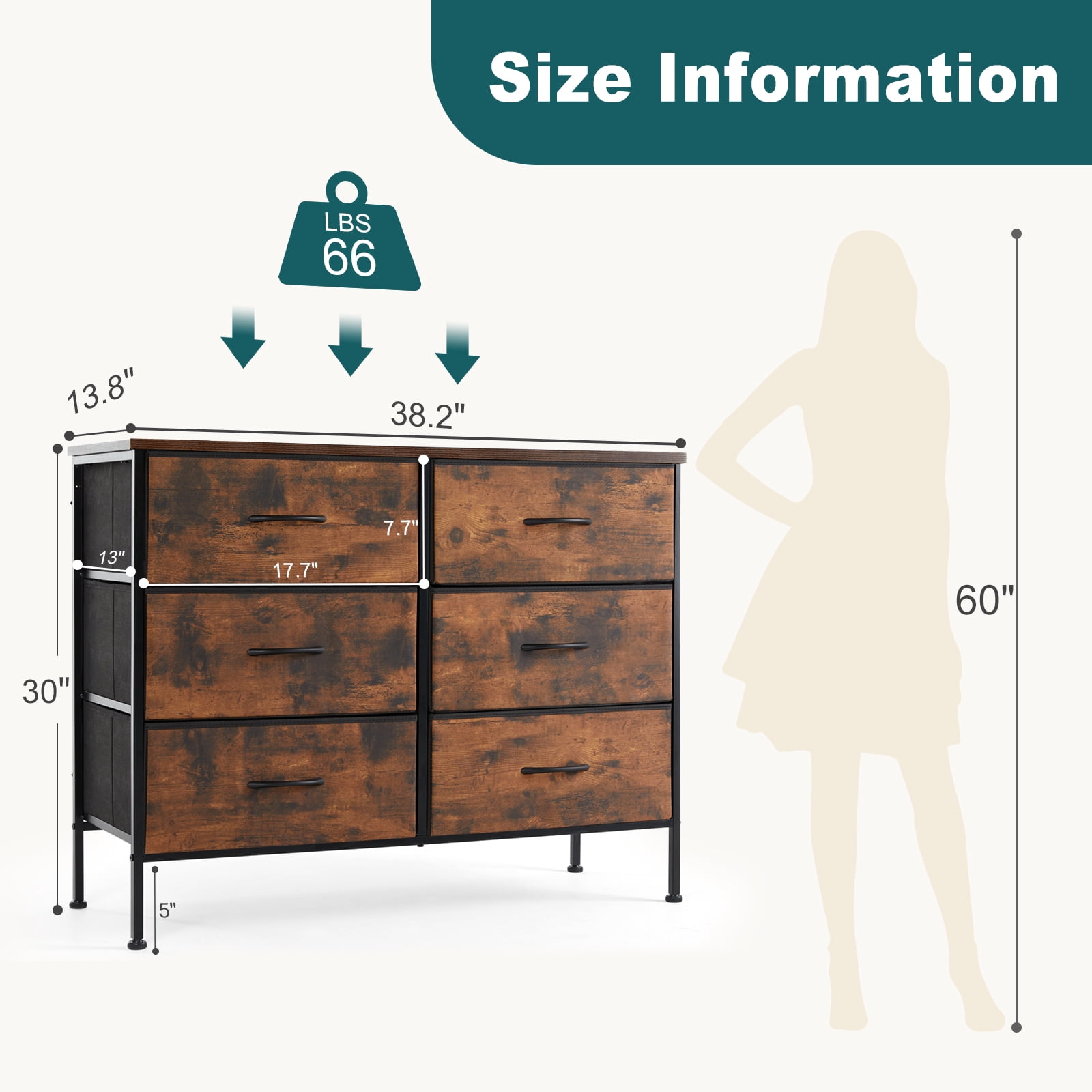 MAYEERTY 6 Drawers Dresser for Bedroom, Fabric Closet Chests Organizer Tower Furniture with Wooden Top, Rustic