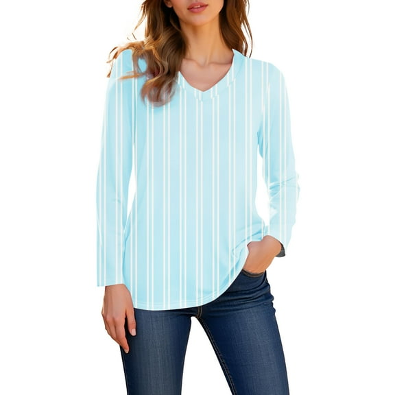 Weikingp Plain V Neck T Shirts Women Womens Long Sleeve Tops Summer Top Women Basic Long Sleeve Shirts For Women Thin Long Sleeve Shirts Women Blue L