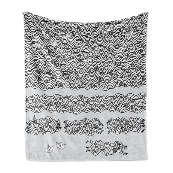 Vintage Boat Soft Flannel Fleece Throw Blanket, Wavy Sea with Little Paper Boats Childhood Memory Sketch Artwork, Cozy Plush for Indoor and Outdoor Use, 70" x 90", Black White Pale Grey, by Ambesonne