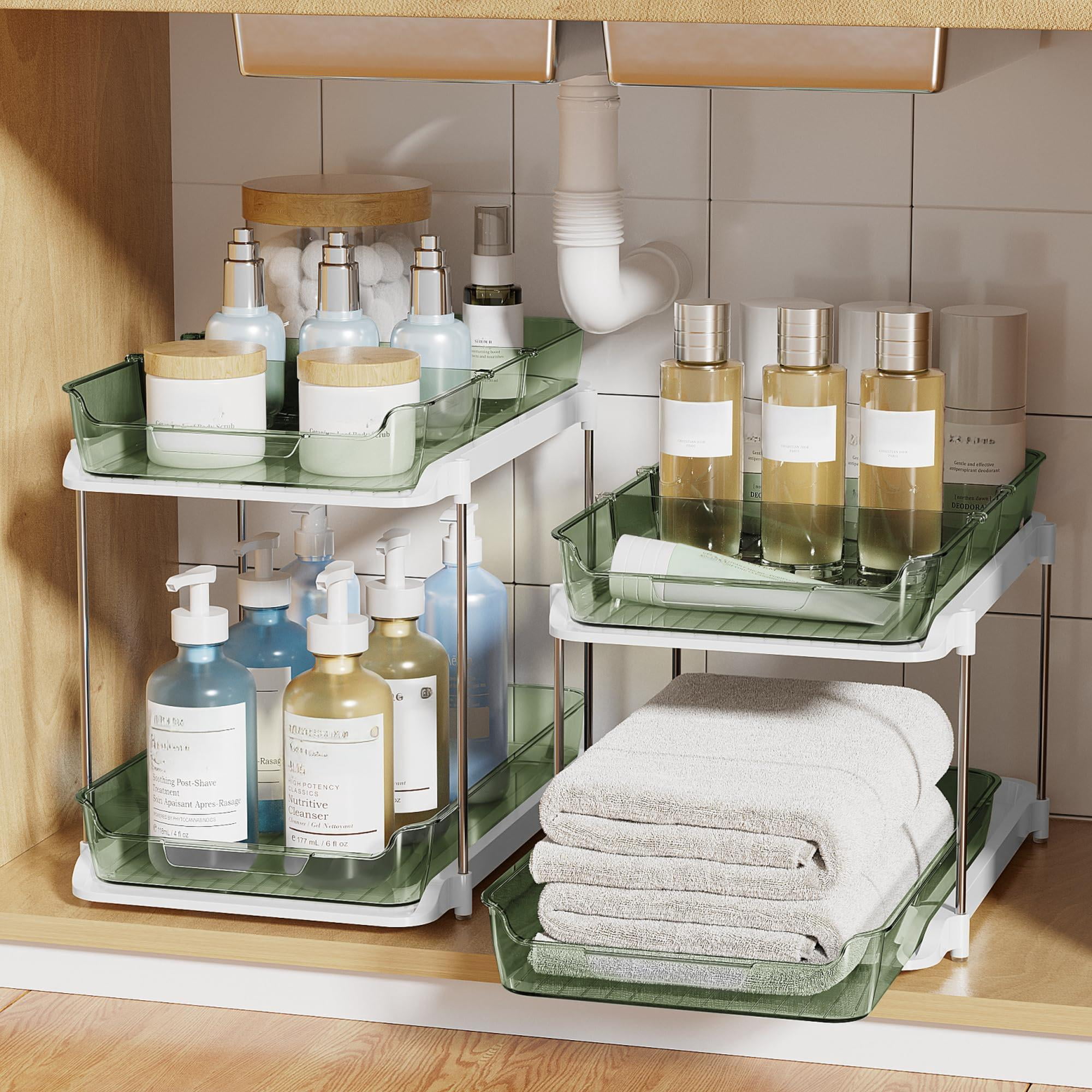 2-tier Multi-purpose Bathroom Under Sink Organizers And Storage  Stackable Kitchen Pantry Organization Pull Out Cabinet Organizer With Movable Dividers Light Green 2 Pack