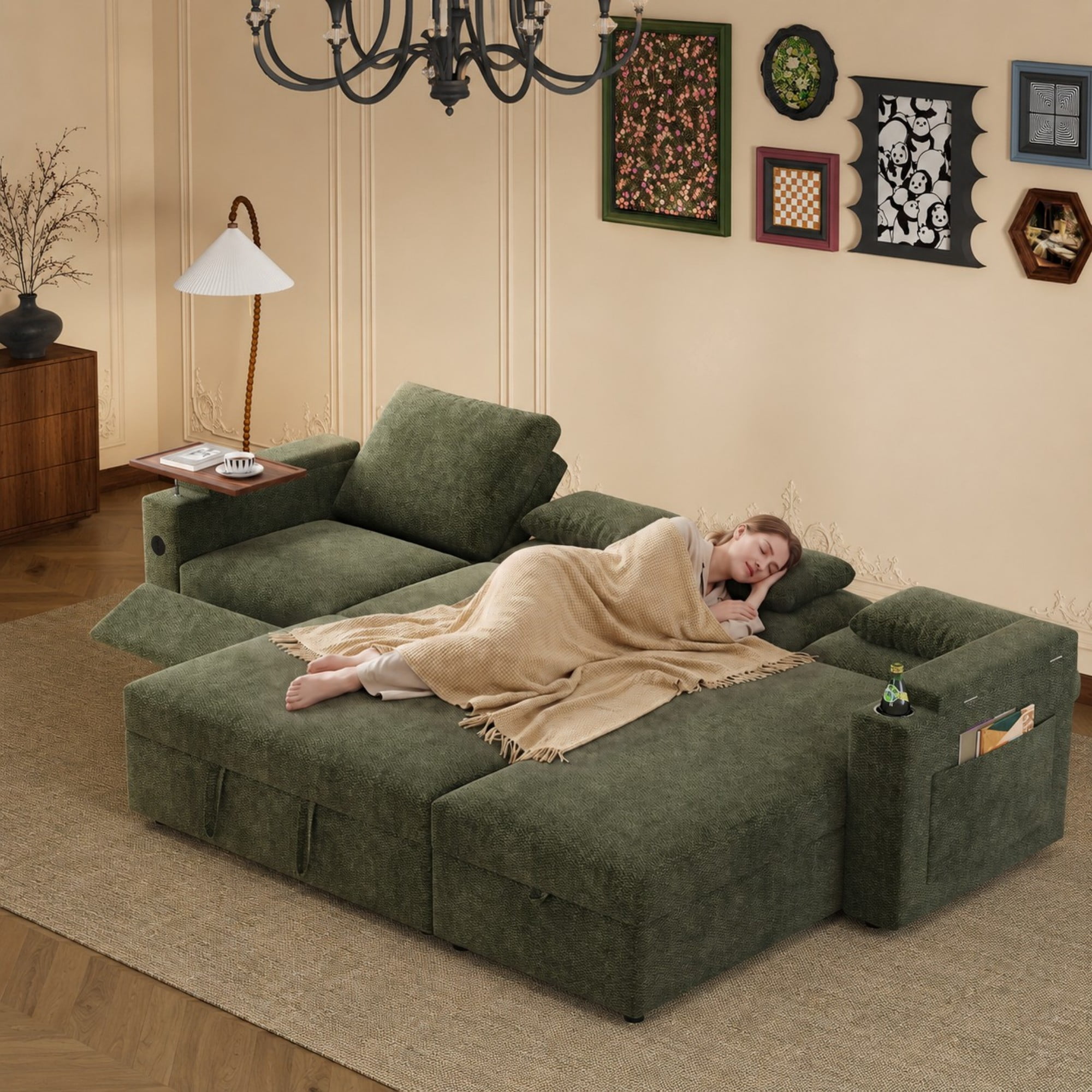 DEALTOPS 108" Chenille L-Shaped Pull Out Sleeper Sofa Bed with Recliner, Storage Chaise & USB Ports, Green