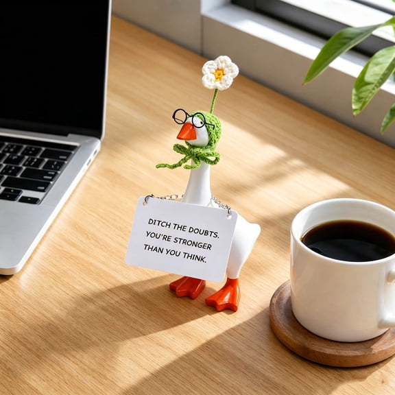 Desk Goose Accessories Gift Set, Motivational 7 Inch Desktop Figurine with Tin Box Knitted Hat Glasses and Cards for Office Desk Decor and Funny Presents