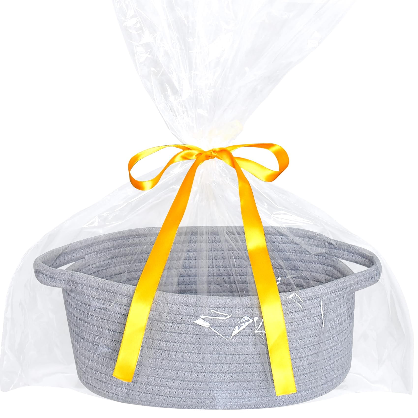 Small Basket with Handles, Boho Decorative Rope Woven Storage Bin Organizer, Pet Toy Storage, Easter and Holiday Gift Basket, 12"x8"x5", White