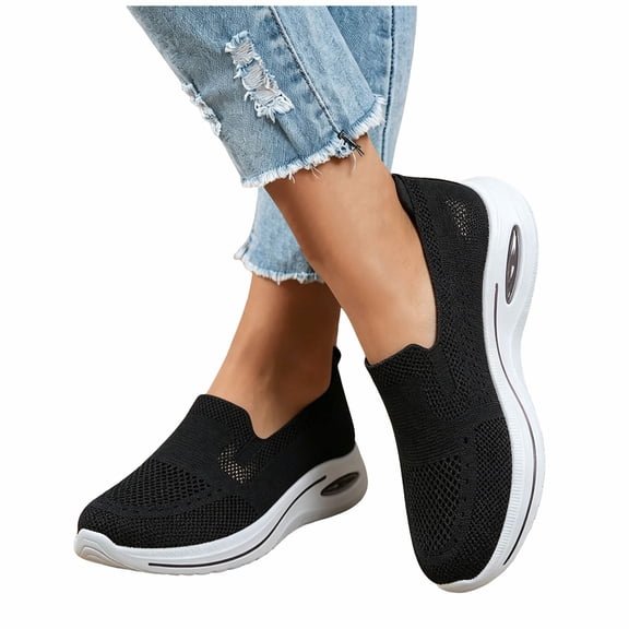 Rokment Womens Orthopedic Air Cushion Chunky Heels Walking Shoes with Arch Support Comfortable Breathable Knit Platform Wedge Slip on Nursing Loafers Non-Slip Work Sneakers Black Size 6