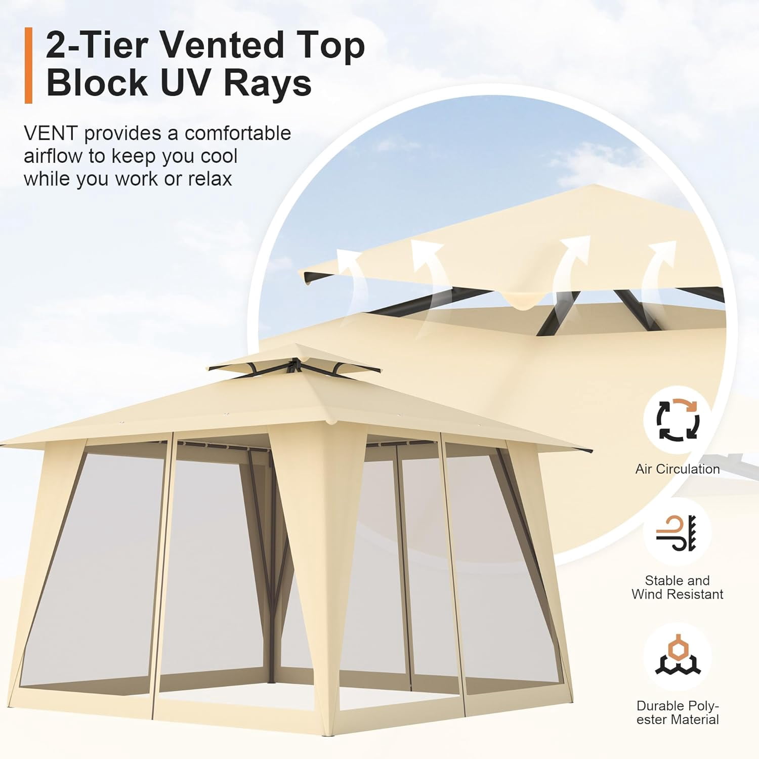 Phonjoroo Metal Patio Gazebo Outdoor 2-Tier Canopy Party Tent with Mesh Sidewalls 12x12 Beige