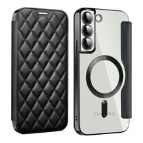 Wallet Case for Samsung Galaxy S25,Magnetic Flip Cover Clear Back Compatible with MagSafe,[RFID Blocking Card Slots] Premium PU Leather Plating edge Shockproof Phone Case Kickstand,Black