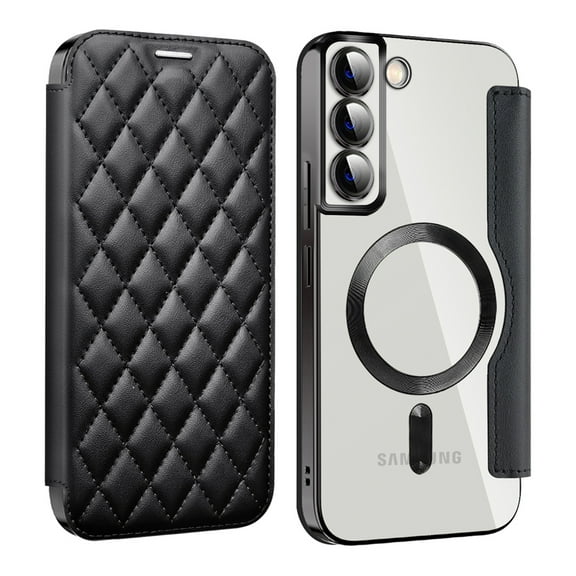 Wallet Case for Samsung Galaxy S25,Magnetic Flip Cover Clear Back Compatible with MagSafe,[RFID Blocking Card Slots] Premium PU Leather Plating edge Shockproof Phone Case Kickstand,Black