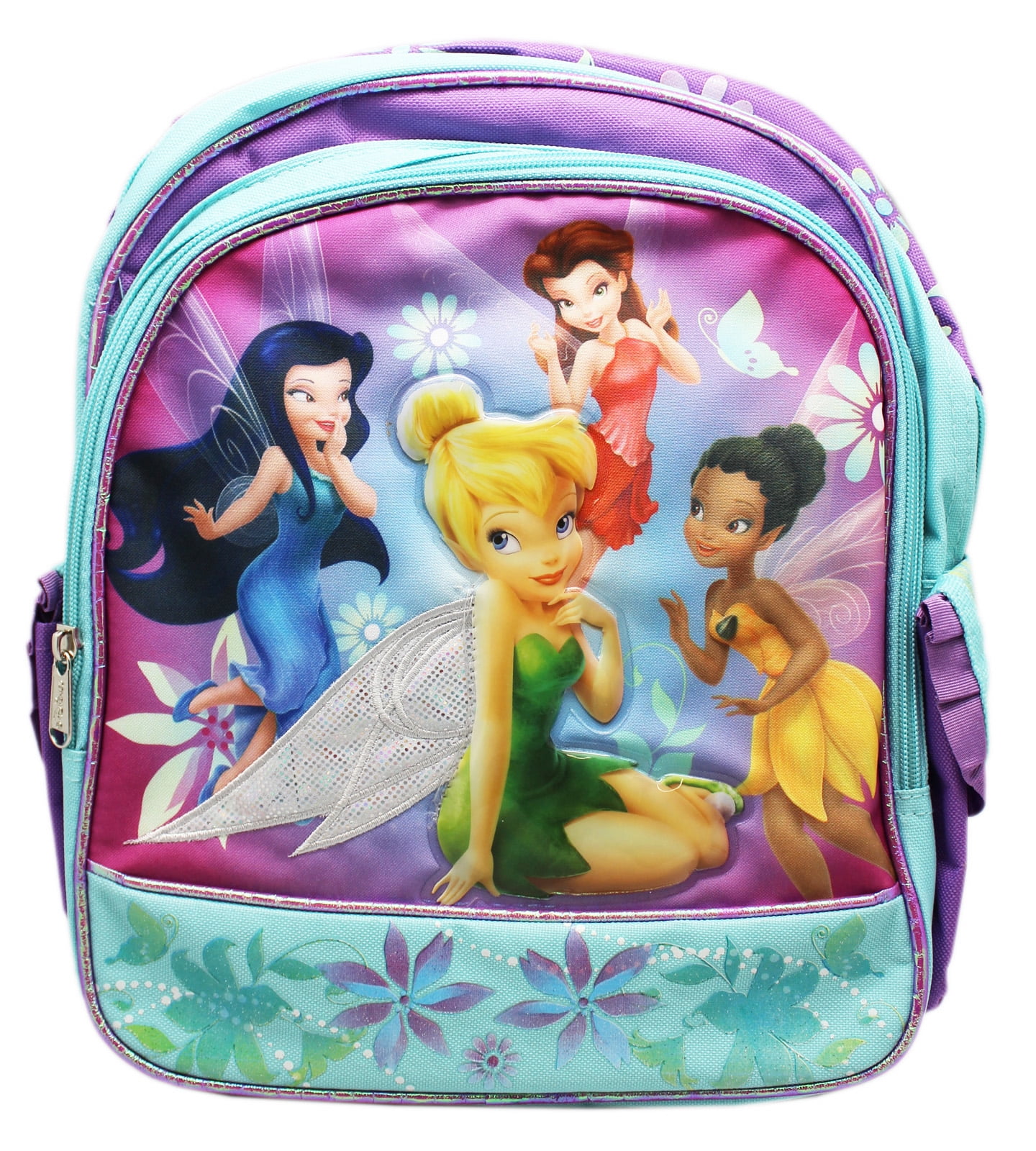 Tinker Bell Disney Fairies Light Blue/Violet Floral Small Size Toddler Backpack (12in