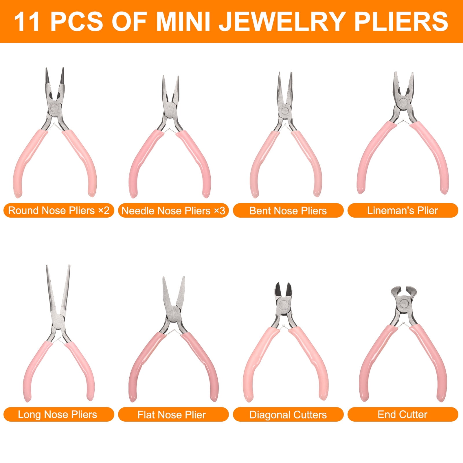 Uxcell 11pcs Jewelry Pliers Kits Jewelry Making Pliers Tool Needle/Round/End Cutter/Bent/Long/Flat Nose Pliers Wire Cutter & Diagonal Cutter for  Tool Hobby Craft, Pink
