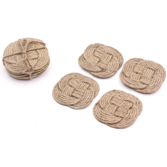 Rii Brand Jute Rope Coaster Rustic Natural Color Set of 4, 4"