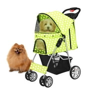 Pet Stroller (Dot Green) Dog Cat Small Animals Carrier Cage 4 Wheels Folding Flexible Easy to Carry for Jogger Jogging Walking Travel Up to 30 Pounds with Sun Shade Cup Holder Mesh Window