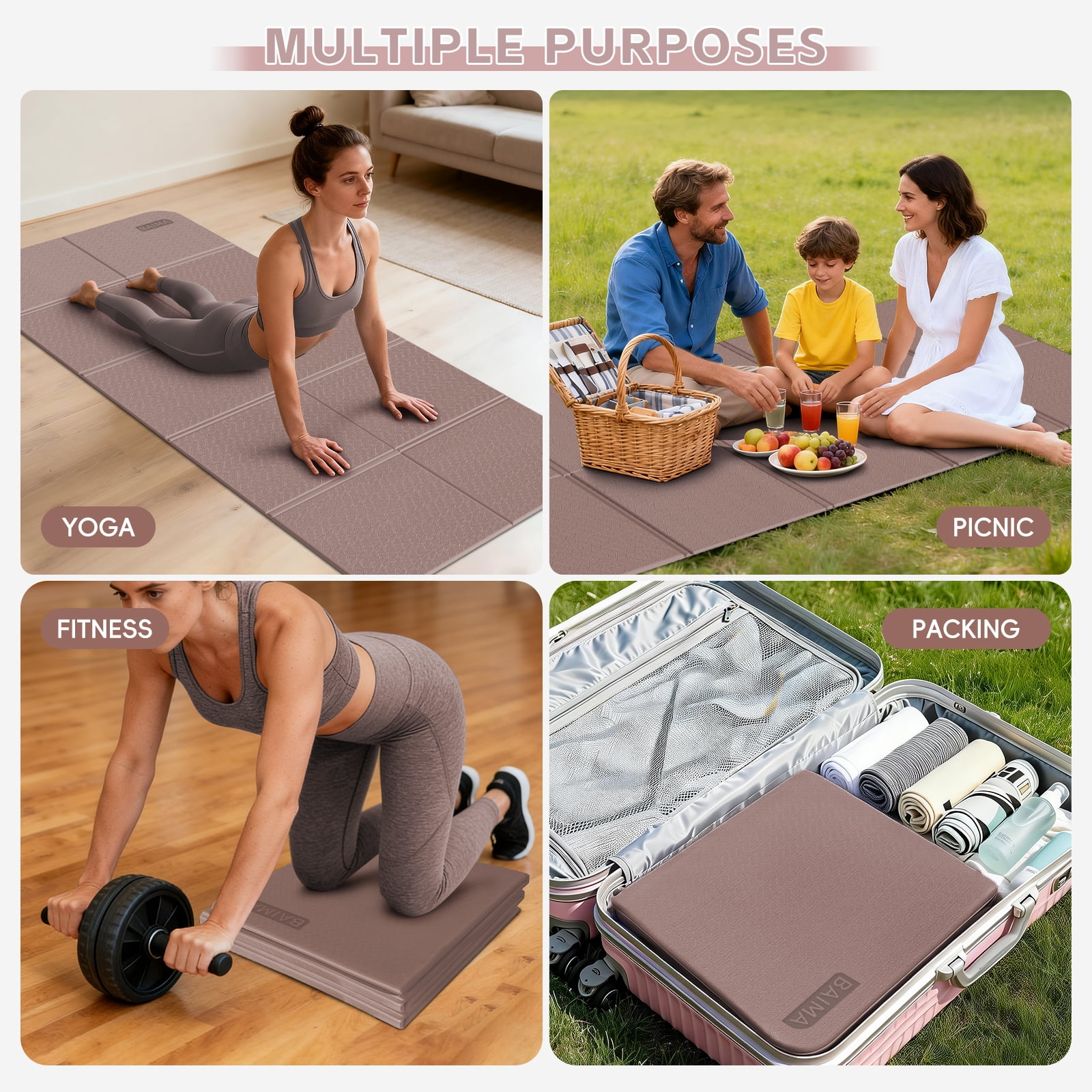 BAIMA Large Yoga Mat Thick Extra Wide and Long , Foldable Portable Travel Square Mats(Brown+Apricot)