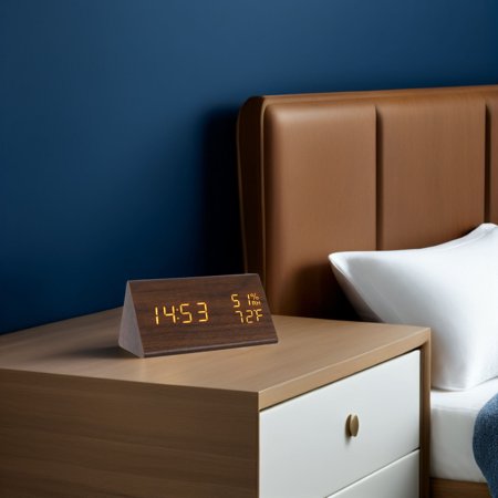 Hemoton Wooden Digital Alarm Clock with LED Display for Desktop Brown Triangle Design Multifunctional 4 AAA Batteries Required