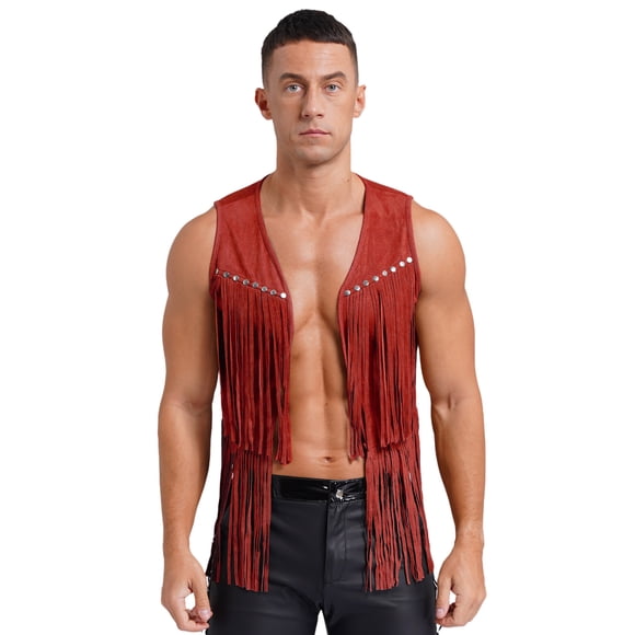 Jizyo Mens Cowboy Western Fringe Vest Clubwear Outfit Waistcoat Cardigan Faux Suede Tassel Jacket Red M