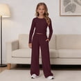 thumbnail image 5 of CPNG Girls 2 Piece Outfit Set Solid Color Long Sleeve Slim Top and Matching Wide Leg Lightweight Casual Sweatsuit Set, 5 of 9