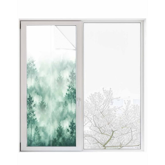 Window Privacy Film Green Forest Rustic Stained Glass Window Film Decorative Sun Block Window Cover Vintage Tree Scenery Watercolor Window Clings Static Adhesive Sticker for Bathroom 23.6"x59"