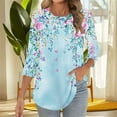 thumbnail image 2 of Yuanlook 3/4 Length Sleeve Womens Tops,Round Neck Floral Print Vintage Shirts Casual Loose Crew Neck Tees - Light Blue - XXXL, 2 of 5
