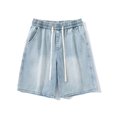 thumbnail image 2 of Pantalones cortos vaqueros casuales Cagnkofi para hombre, elegantes pantalones cortos vaqueros lavados, cintura elástica relajada, pantalones cortos de carpintero con cordón ajustable, 2 of 8