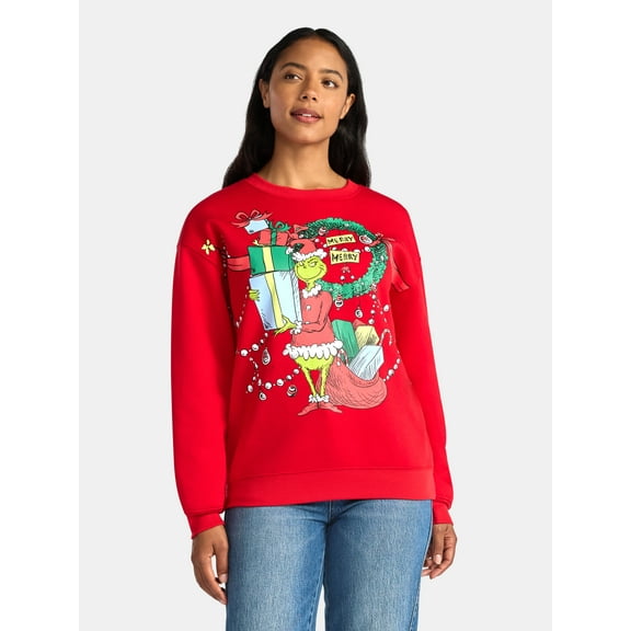 Dr Seuss The Grinch Women's Light Up Front Back Graphic Sweatshirt with Long Sleeves, Sizes XXS-XXL