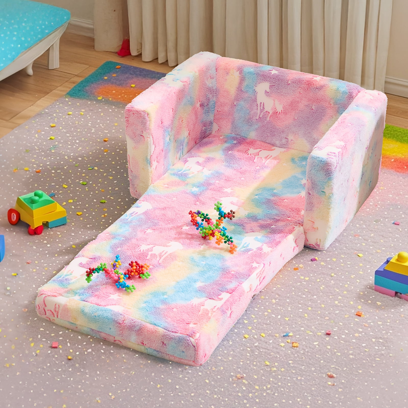 Glow-in-the-Dark Kids Foldable Sofa Bed All-Sponge Single Chaise Lounge Pink Unicorn Flannel