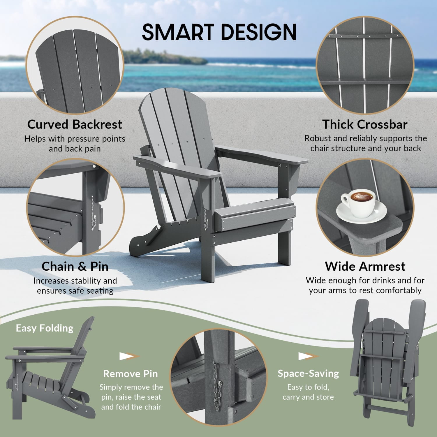 WestinTrends Malibu Outdoor Folding HDPE Adirondack Deck Chair - Patio & Outdoor Lounge, Weather‑Resistant, Gray