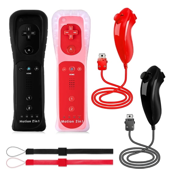 KUMEE 2Pack Controllers with Nunchucks Remote Controllers with Built Compatible for Wii U Consoles(Red Black)