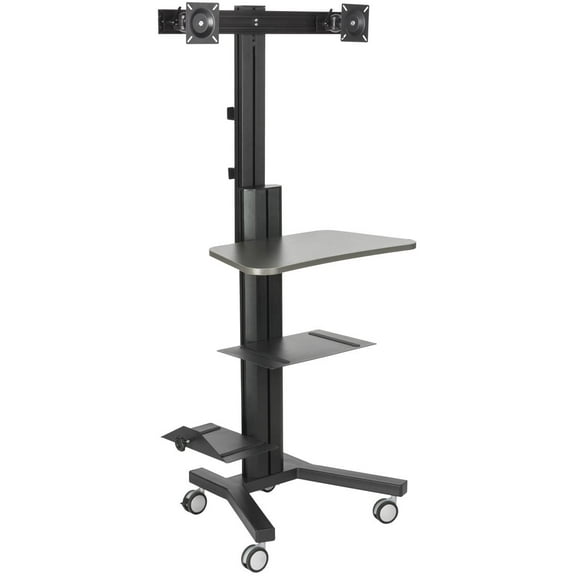 Displays2go Rolling Sit and Stand Workstation, CPU Holder, Locking Wheels, Dual Mount (LPGPCRTB2S)
