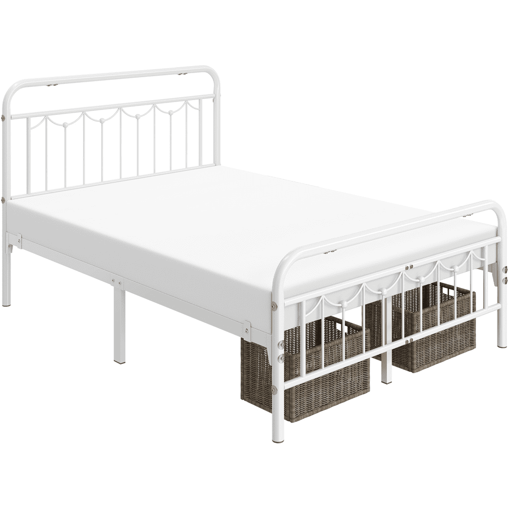Alden Design Metal Platform Bed Frame for Adult with Vintage Headboard and Footboard, Full, White