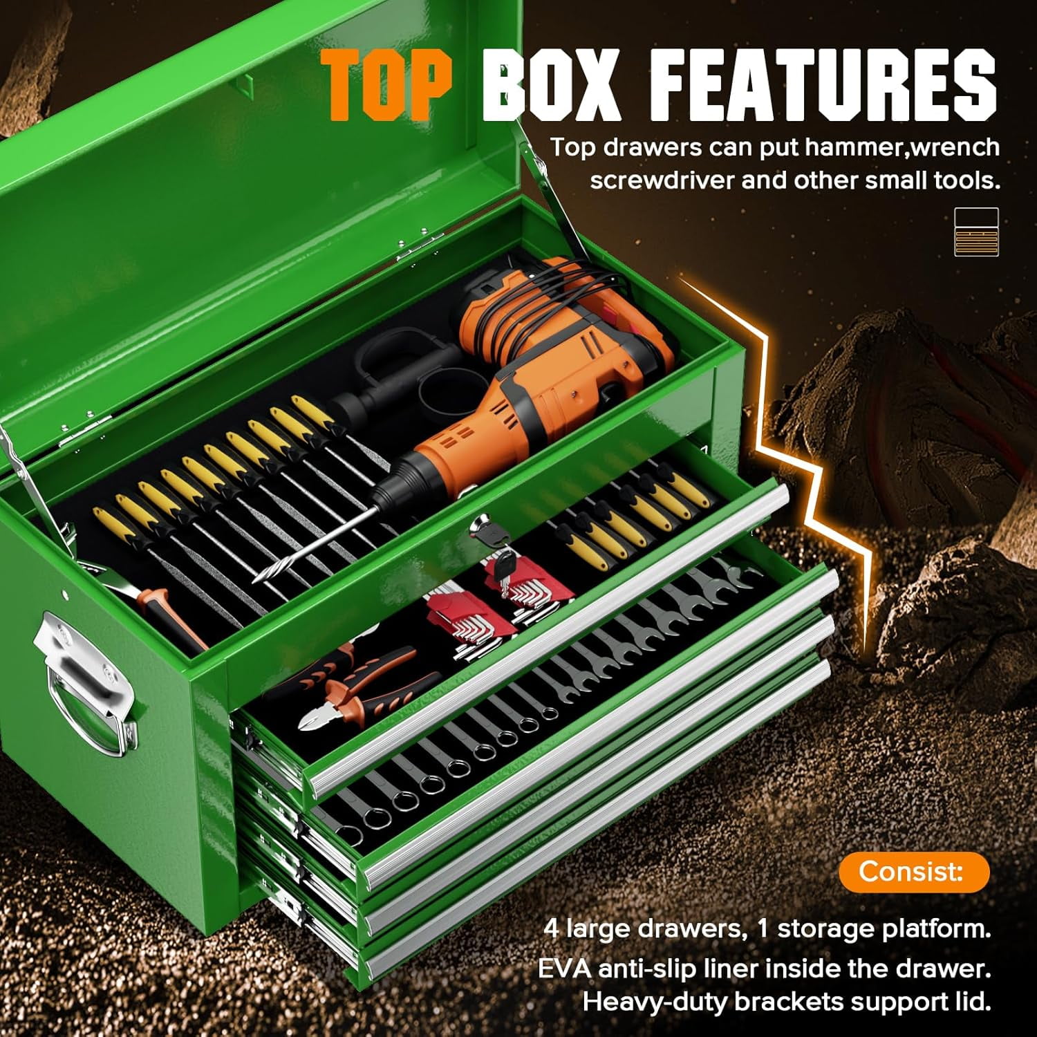SOLAURA 5-Drawer Rolling Tool Chest with Detachable Top Box, Metal Tool Box with Wheels, Lockable Storage Cabinet for Warehouse, Garage, Workshop, Barbershop, Green