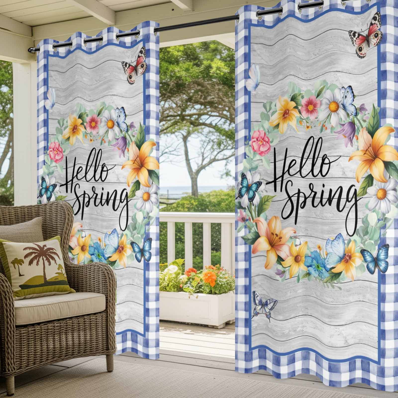 Outdoor Curtains for Patio Waterproof, Hello Spring Windproof Pravicy Outside Porch Blackout Curtain, Farmhouse Floral Eucalyptus Wood Blue Plaid Sun Blocking Grommets Curtains for Cabana 54"x108"
