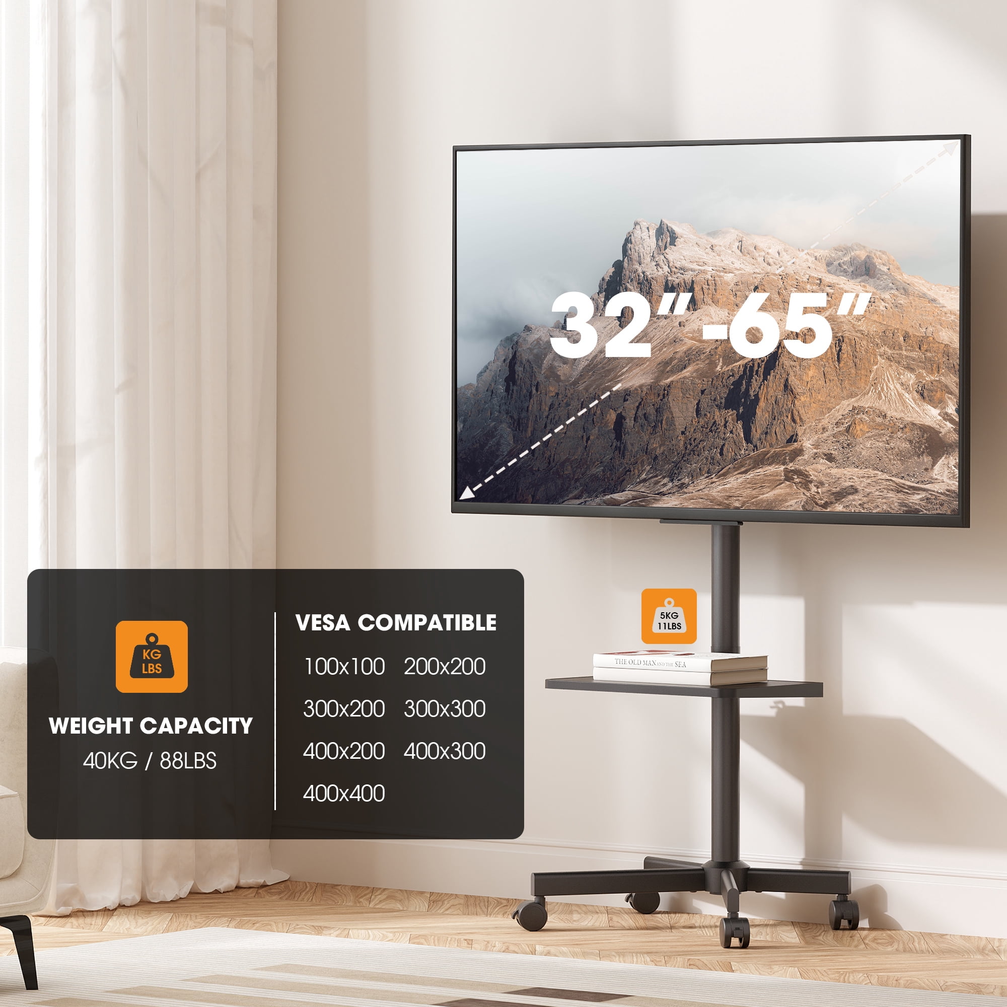 AOKCOS Modern Rolling TV Stand With Wheels Mobile TV Cart for 32 to 65 inch TVs with One Shelf,Black
