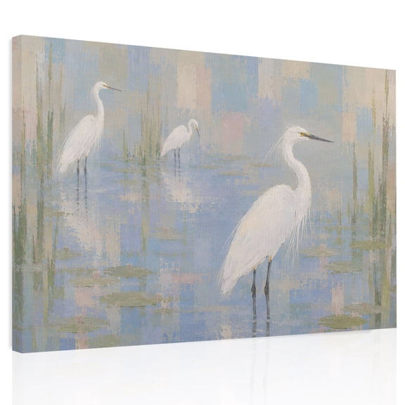 White Standing Egrets Canvas Print Wall Art, Minimalist Heron Bird Blue Lake French Country Wall Decor Framed Artwork Paintings Pictures for Living Room Bedroom Stretched Ready to Hang, 12" x 16"